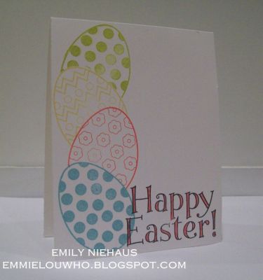 Stacked Easter Eggs!
For this one layer card I used the masking technique to "stack" my eggs.  I stamped the different eggs in different colors.  I used the sentiment from this month's bunny4easter club set and colored it in with a marker.

TFL!

http://emmielouwho.blogspot.com/
Keywords: bunny4Easter OLC CAS Easter eggs2hunt