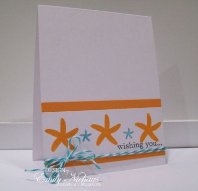 Starfish Wishes
This is an easy card that you can make for any occasion and mass produce easily.  I stamped the big and little starfish in orange and aqua on the center white panel.  The sentiment is from the daisies2garden set.  The inside reads "a wonderful day".  I like that you could give this for many different occasions.

TFL!

http://emmielouwho.blogspot.com/
