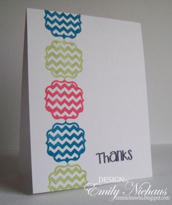 *Thankful Frames
I stamped the chevron frame alternating three different colors of ink and then stamped the thanks in black.  Quick, simple card!

TFL!

http://emmielouwho.blogspot.com/

