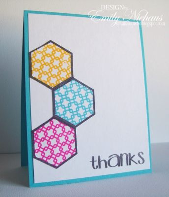 *Hexagon Thanks
I used the back2squares background to stamp the pattern on my hexagons.  The black outline hexagon is from the hexagons2love set.  The sentiment is from the youare2square set.  I used Stephanie's inks-Banana and Guava. I also used Tempting Turquoise by SU.

TFL!

http://emmielouwho.blogspot.com/
