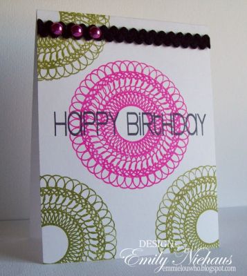 *Spiros Birthday
For this card, I used Stephanie's Guava and Artichoke inks to stamp the spiros.  I then stamped the "Happy Birthday" (birthday4subway set) in Licorice across the Guava spiros image.  I added some felt trim at the top.  I also found some old Dew Drops that match Stephanie's Guava perfectly!

TFL!

http://emmielouwho.blogspot.com/
Keywords: spiros2stamp