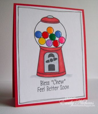 *Bless Chew
I colored my bubblegum machine with copic markers, and used Stephanie's inks to stamp the gumballs.  I added glossy accents to the gumballs to give them some dimension and used a black pen to create the border.

TFL!

http://emmielouwho.blogspot.com/
