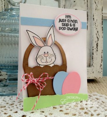 *Just a hop, skip and a pop away!
When I saw this sentiment, I thought of the bunny in the Bunny4Easter set! I used the top part of the popcorn box die to create a basket. I just free hand cut the handle to the basket. I also used the oval die from the popcorn set to make some Easter eggs.

TFL!
Keywords: bunny4Easter