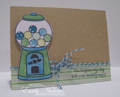 *You Brighten My Day!
I stamped the gum4backgrounds in Versamark, but it is hard to see in the photo.  I love the look of the green and blue against the kraft base. :)

TFL!

http://emmielouwho.blogspot.com/
Keywords: gum4backgrounds moregum4me bubblegum4me
