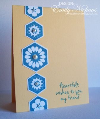 *Heartfelt Hexagons
I stamped the hexagons and used the coordinating dies to create a vertical pattern down the left side of my card. Easy Peasy!

TFL!

http://emmielouwho.blogspot.com/
