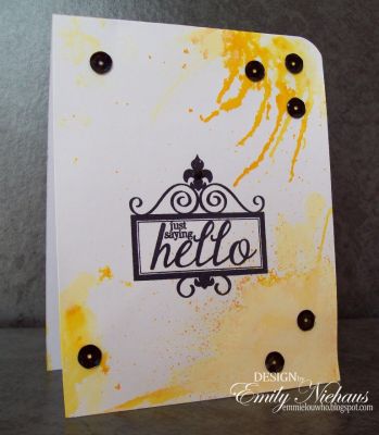 *Just Saying Hello
I stamped the sign and sentiment in Licorice ink and used some Banana spray and gesso. I added some black sequins once it dried.

TFL!

http://emmielouwho.blogspot.com/
Keywords: sign4words