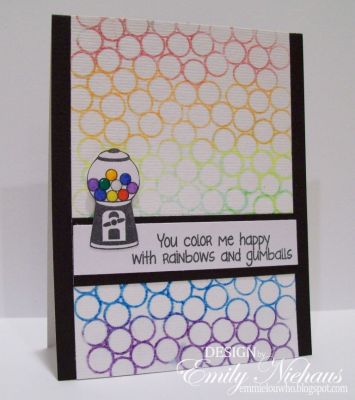 *Rainbows and gumballs!
For this card, I used my Faber Castel Gelatos and swiped color onto the background stamp.  I then sprited it with water and stamped onto watercolor paper.  I also used the small gumball machine from the bubblegum4me set and a sentiment from the moregum4me set.

TFL!

http://emmielouwho.blogspot.com/
Keywords: bubblegum4me moregum4me gum4backgrounds