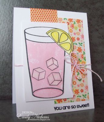 *Pink Lemonade
I LOVE pink lemonade. I drink a ton of it all summer long. After stamping the lemonade in bubblegum ink, I took a sponge and removed some of the ink so that it looked like condensation on the glass. I used a white Prisma pencil to color the ice cubes so that they appear lighter.

TFL!
http://emmielouwho.blogspot.com/
Keywords: lemonade2drink morelemonade2stamp