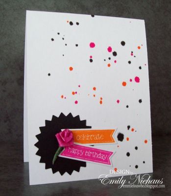 *Celebrate
I used the minibanners2cut and the Sizzix Zig zag circles for this card. I also used Stephanie's sprays in Licorice, Tangerine, and Guava.
