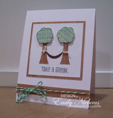 Take A Break!
I used the tree image from houses4us.  I paper pieced the trunks and the tops with paper from Crate Paper's Emma collection.  I tied some ivory burlap string around the tree trunks and then cut a hammock out of of brown paper.
The sentiment is from the coffee4two set.
I added some wood grain patterned paper to frame the main image and at the bottom with some baker's twine from The Twinery.

TFL!

http://emmielouwho.blogspot.com/
Keywords: houses4us coffee4two CAS
