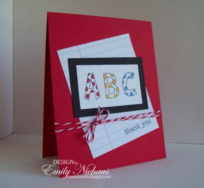 Thank you, Teacher!
I used the alphabet set, letters2color for this card.  I wanted to make some cards to give out to teachers at the end of the year.  I stamped "ABC" in black and then colored the dots in with a red, blue and yellow copic marker.  I framed this panel in black and adhered over some notebook looking patterned paper.  I stamped the "thank you" from the thanks2you set in the corner and then tied some baker's twine around the center.

TFL!

http://emmielouwho.blogspot.com/
Keywords: letters2color CAS teacher thankyou