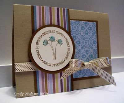 Thanks so Much!
card base is kraft.  I used DP from Colorbok's Woodhaven collection.  Ribbon is American Krafts.  
I used Baja breeze and soft suede inks from SU.

TFL!
Keywords: Thanks2you