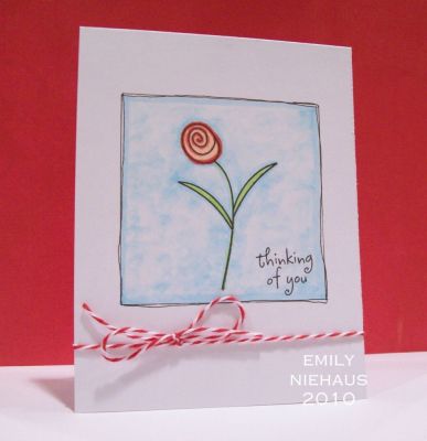 thinking of you...
I doodled a black square frame on my white base and stamped my flower stem and sentiment in black.  I used Copic markers to color the flower and create the blue background behind the stem.
I tied some red baker's twine around the bottom to pull the red color out a bit more.

Easy Peasy!

TFL!

http://emmielouwho.blogspot.com/
Keywords: flowers2share CAS