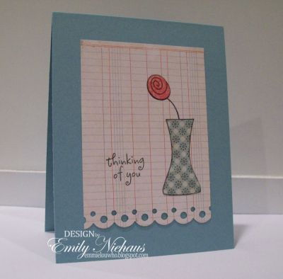 Thinking of You...
I used papers from My Mind's Eye Stella and Rose-Hazel collection to paper piece the rose and vase. The ledger paper is from the same collection.

TFL!

http://emmielouwho.blogspot.com/
Keywords: CAS