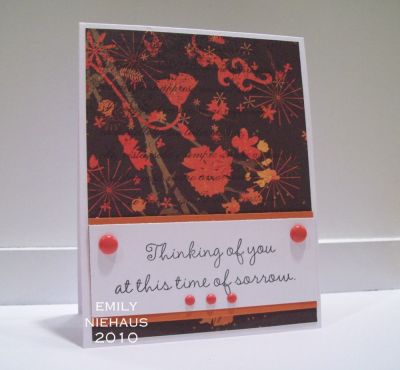 Time of Sorrow...
I used a sentiment from sympathy4you for this card.  The DP is from Memory Box-Blackbird collection.  I added some orange/red brads from BG's Indian Summer collection.

TFL!

http://emmielouwho.blogspot.com/
Keywords: sympathy4you