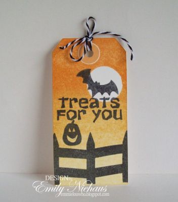 Treats For You tag
I am totally in love with this Halloween set! I love that the images are solid and I can create spooky scenes with ink to go with them!  This is a tag that I plan on using on a treat bag this Halloween.  Don't know if I will have time to make them for the boys class, but at least for the neighbor kids!

TFL!

http://emmielouwho.blogspot.com/
Keywords: solids4Halloween Halloween tag