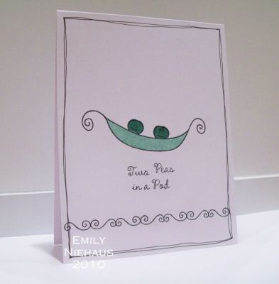 Two Peas In A Pod...
This is the cutest baby set I have used in a long time! LOVE it!  This would have been perfect for announcements after my twins were born!  I stamped the peas in garden green and then stamped off before stamping the pod.  I stamped the sentiment and the bottom border in black and doodled a border around the card base!

TFL!

http://emmielouwho.blogspot.com/
Keywords: sweet4babies CAS