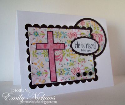 Easter4Him...
I used some of my older Urban Priaire DP from Basic Grey for this card that uses the Easter4Him set.  I also used a sketch on SCS for this card.

TFL!

http://emmielouwho.blogspot.com/
Keywords: Easter4him Easter scripture