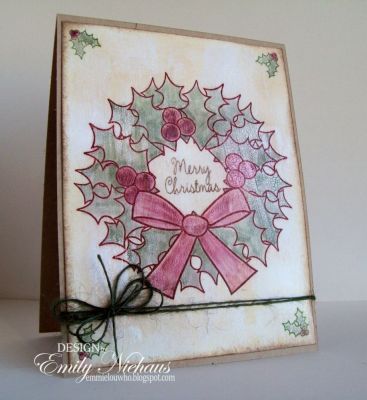 Vintage Wreath
Okay...so this card looks WAY better in real life than on camera! LOL! I used distress inks and then coated the entire things with Rock Candy crackle paint and then sponged distress ink in all of the little crevices.  
It looks pretty IRL, I promise...just couldn't get it photographed in the right light :(

TFL!

http://emmielouwho.blogspot.com/
Keywords: Christmas vintage wreath4me