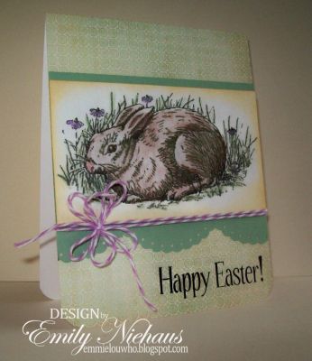 Happy Easter!
This card uses a sentiment from the Easter4Him set stamped in Stephanie's Licorice ink. The bunny is a vintage image that I colored with chalks. I added some fab baker's twine from The twinery and the DP is from My Mind's Eye.

TFL!

http://emmielouwho.blogspot.com/
Keywords: Easter4Him Easter vintage