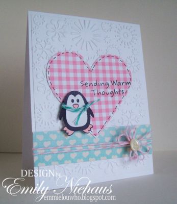 Sending Warm Thoughts...
I just love the little penguin from the morepenguins2love set!  I paired him up with some pink paislee DP, and added a baker's twine scarf.

TFL!

http://emmielouwho.blogspot.com/
Keywords: morepenguins2love winter snow CAS