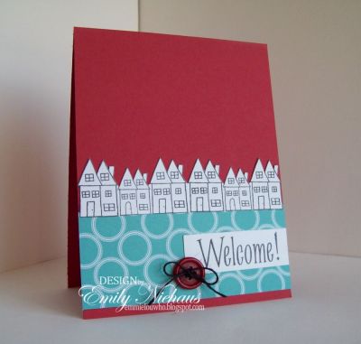 Welcome to the Neighborhood!
I just love this stamp from houses4us.  I decided to make a row of house that stretched across my card base.  I stamped them in a row and then cut out around the tops of the roofs.  The patterned paper is from Cosmo Cricket's DeLovely collection.  I added a button, some black burlap string to the bottom.

TFL!

http://emmielouwho.blogspot.com/

