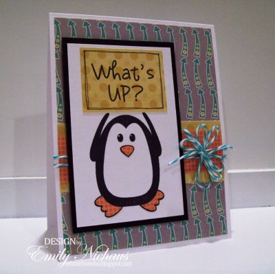 What's Up?
I just can't get enough of these  cute penguins! I used paper from Cosmo Cricket in the background and to make the sign, and piece his feet and beak.

TFL!

http://emmielouwho.blogspot.com/
Keywords: morepenguins2love
