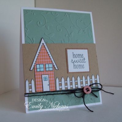 White Picket Fence...
LOVE this set!  This card was made using a lot of paper piecing.  I pieced the house using paper from Crate Paper's Emma collection.  I stamped the fence repeatedly on white cardstock, and then cut it out and pieced it so that it fit across the card.  The background panel is embossed with the cuttlebug birds and swirls folder.

TFL!

http://emmielouwho.blogspot.com/
