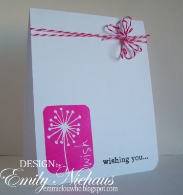Wish....
I just love the hope4us set!  I stamped the dandelion image in Stephanie's Guava ink.  The "wishing you" is from the daisies2garden set.  I added some baker's twine at the top.  The inside says, "happy birthday".

TFL!

http://emmielouwho.blogspot.com/
Keywords: hope4us