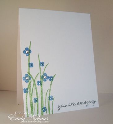 You Are Amazing
A quick OLC. I stamped the flowers in ballet blue(SU) and the grass in Wild Wasabi (SU).  I added some tiny rhinestones to the centers of my flowers.

TFL!

http://emmielouwho.blogspot.com/
Keywords: CAS OLC