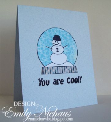 You Are Cool!
I made this card with the Joy2Christmas set (snowglobe and snowman) and the robots2build set (sentiment). I pieced the snow globe with Authentique paper and the snowman with white cardstock.  I plan on giving this to my son when report cards come out in a couple of weeks.  I may put a gift card or some money inside, too!

TFL!

http://emmielouwho.blogspot.com/2012/01/monthly-maniacs-debut.html
Keywords: Joy2Christmas robots2build snowman