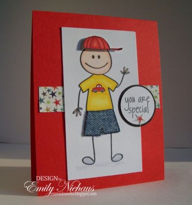 You Are Special!
I used the sets kids2love and extras4kids for this card.  I colored his shirt and hat with copic markers and pieced his shorts with denim.  I added a strip of Lime Twist paper behind the image and the sentiment is also from the extras4kids set. 
This will go to my twins pre-school assistant with an end of the year thank you gift.

TFL!

http://emmielouwho.blogspot.com/
Keywords: kids2love extras4kids