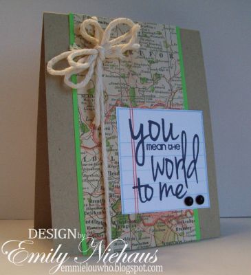 You Mean The World To Me
I thought this sentiment from phrases2say was perfect for some map DP.  I also stamped the notebook paper from phrases2write.  The map paper is very old from K&Company.  I added some butcher's twine and some black Pebble dots under the sentiment.

TFL

http://emmielouwho.blogspot.com/2012/01/go-fish-challenge-9-and-moxie-fab-map.html
Keywords: phrases2say list2write