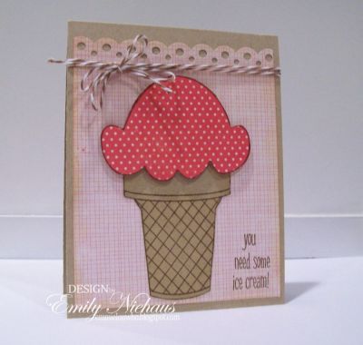 You need some icecream!
I think everyone has one of those "NEED some ice cream days"!  This would be a great card to send someone who needs a little cheering up.  I plan on sending this to a gal that babysits my boys who just broke up with her boyfriend. :(  I plan on putting some coupons in it to Graeter's...a local ice cream hot spot in Cincinnati!

TFL!

http://emmielouwho.blogspot.com/
Keywords: CAS