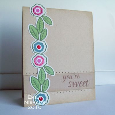 You're Sweet...
I am loving the sentiments from this set!  The flowers are an adhesive border from K&Co.  I sponged some vintage photo distress ink around the card and did some paper piercing around the strip with the sentiment.

TFL!

http://emmielouwho.blogspot.com/
Keywords: youare2kind