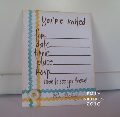 Baby Shower Invitation
I made this baby shower invitation with the new invite2create (you gotta add this set to your collection!), Sweet4babies, and Quick2border sets.  I stamped the lettering in brown ink and the ric rac strips in baja breeze and so saffron.  I added a vintage button toward the bottom.

TFL!

http://emmielouwho.blogspot.com/
Keywords: invite2create sweet4babies quick2border invitation baby