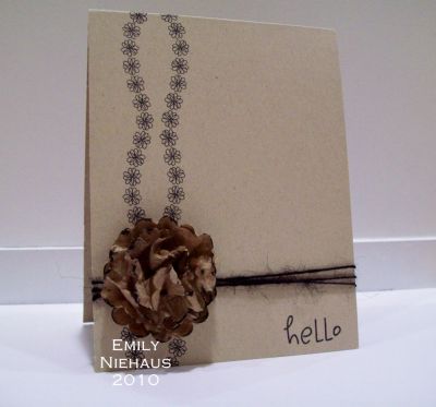crinkled flower hello!
I used flower2doodle for this card!  I stamped the border twice on the left side of my kraft base in black.  I tied some black burlap string towards the bottom and stamped mysentiment in black in the lower right corner.  I punched five scallop circles out of an old paper bag that i had crumbled up and inked the edges with black.  I put a brad through the center of all of the scallop circles and then scrunched them into make my flower!

TFL!

http://emmielouwho.blogspot.com/
Keywords: flower2doodle