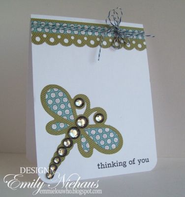 Thinking of You Dragonfly...
I just love the new dragonfly die! So much fun to play with. I used this die on two different pieces of patterned paper. I have pieces left over to make another dragonfly with the outline and wings flip flopped!
I added some bling to the body for fun.
The sentiment is from daisies2garden set.

TFL!

http://emmielouwho.blogspot.com/
Keywords: dragonfly daisies2garden creations2fill CAS