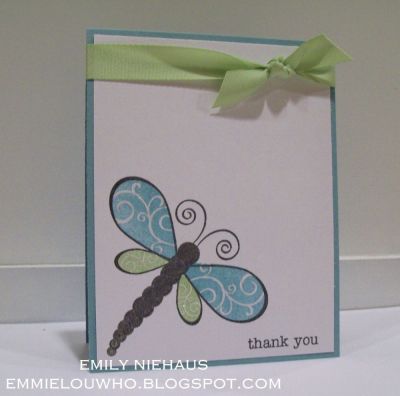 Dragonfly Thanks!
How fun is it that you can use the wing stamps from Butterfly to build for this awesome dragonfly!!!!  LOVE that!

I added some sparkle to his wings, but you can't really see it in the photo. IRL it is beautiful! LOL!

TFL!

http://emmielouwho.blogspot.com/
Keywords: creations2fill thanks2you