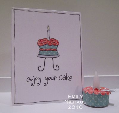 enjoy your cake...
I paper pieced my cake with DP from MME's Home collection.  I doodled a border around the card and stamped my sentiment.  I colored the base and the candle with Copic markers.  I made a matching cupcake tea light to give as a gift.

TFL!

http://emmielouwho.blogspot.com/
Keywords: birthday4Cookie CAS