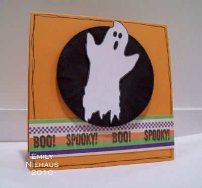 Spooky BOO!
I stamped my ghost on white and cut out.  I die cut a circle of black card stock, and then made a mixture of glitter and glossy accents.  I painted it around the circle in big thick globs and then used my brush to pull it in toward the center.  It gave it a kind of spooky effect! LOL!  It did not photograph well!  I can never capture glitter and bling very well with any camera!  I doodled a border around the orange CS base and stamped my spooky and boo across my DP strip and adhered to toward the bottom!  

Keywords: spooky2scare Halloween