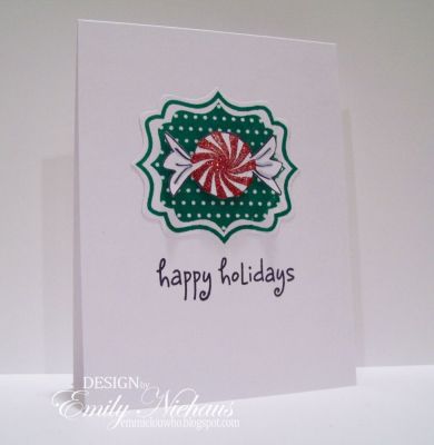 happy holidays!
I used a stamp from stamps4fancylabels and stamped it in spearmint ink.  The sentiment is from penguins4Christmas.  The mint was stamped with MS glue pad and then micro glitter from PK glitz sprinkled on top.

http://emmielouwho.blogspot.com/
