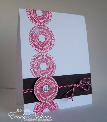 Hello Spiros
This card is quick and simple to make.  I stamped a row of the same spiros in red in a vertical line.  I also stamped one in red and then punched it out, popped it with foam dots over the black panel after stamping the "hello" in black in the center.

Easy peasy!

http://emmielouwho.blogspot.com/
Keywords: spiros2stamp CAS