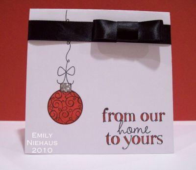 From Our home To Yours...
Don't you just love this months club set?  I know I do!  I stamped my ornament in black and then stamped the solid center in red.  I added some silver PK Glitz glitter to the top of the ornament.  I stamped the sentiment in black and then colored the letters in with a red Copic marker.  I added some black satin ribbon to the top.  I love that this ornament has a "hanger" that you can stamp!  Sooo cute!

http://emmielouwho.blogspot.com/
Keywords: Holly4Christmas Christmas CAS