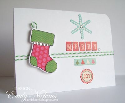 *Merry!
LOVE that their are now coordinating dies for the Christmas2build set!  I used the stocking stamp and die for this card. The stocking is paper pieced with patterned paper from echo park.  I also used some stickers from this same echo park collection. I added some rhinestone trim to my stocking and used baker's twine from The Twinery.

TFL!

http://emmielouwho.blogspot.com
