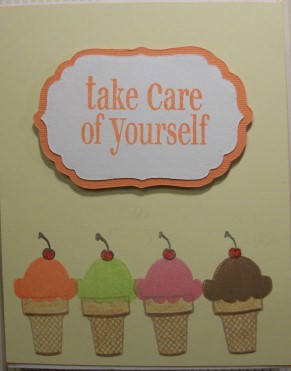 Get Well Ice Cream
Small cones stamped with brown staz-on ink &colored with Derwent watercolor pencils; ice cream stamped with various chalk inks---for inside see next picture
