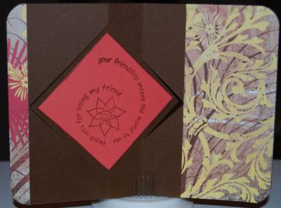 Friend-Back
Stamps: SofL-swirls4words, messages4friends, stamped4you (not shown)
 Sizzix Framelits-Squares
 Sizzix Flip-It-Diamond
 Patterned Paper-Basic Grey
 Brown cardstock-Bazzil
