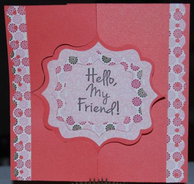 Hello My Friend - front
SofL-messages4friends, labels4cutting, created4you (not shown)
Sizzix Flip-It-Fancy Frame
Stephanie Barnard Framelits-Fancy Labels
Patterned Paper-MME
Cardstock-Bazzil
Border Punch-Fiskars
Other: twine, pop dots, black ink

