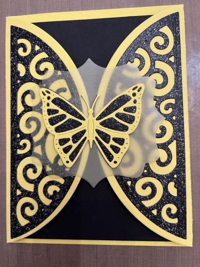 Rounded Gate Fold Card Set, black glitter paper, vellum, yellow base
Keywords: A2RoundedGateFold