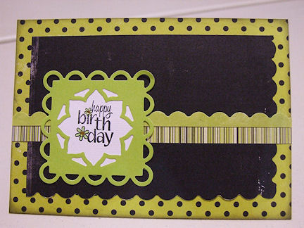 Birthday card
Scraps from a lime green and black layout challenge followed by a card challenge to create cards with the leftover. Nellie Snellen die-cut frame and Fiskars scalloped edge border punch.

